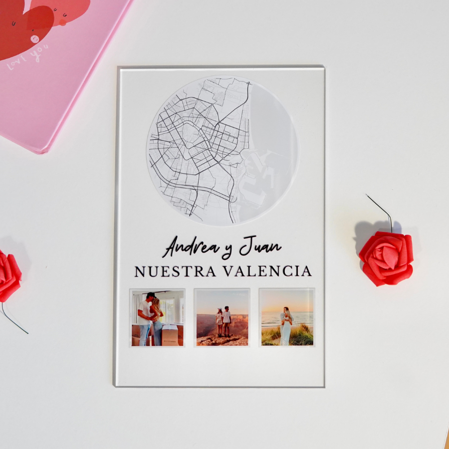 Placa personalizada Mapa Círculo y 3 fotos| idea de regalo romántico y original | Cristal Plaque | regalo único | foto con mapa y dedicatoria | parejas