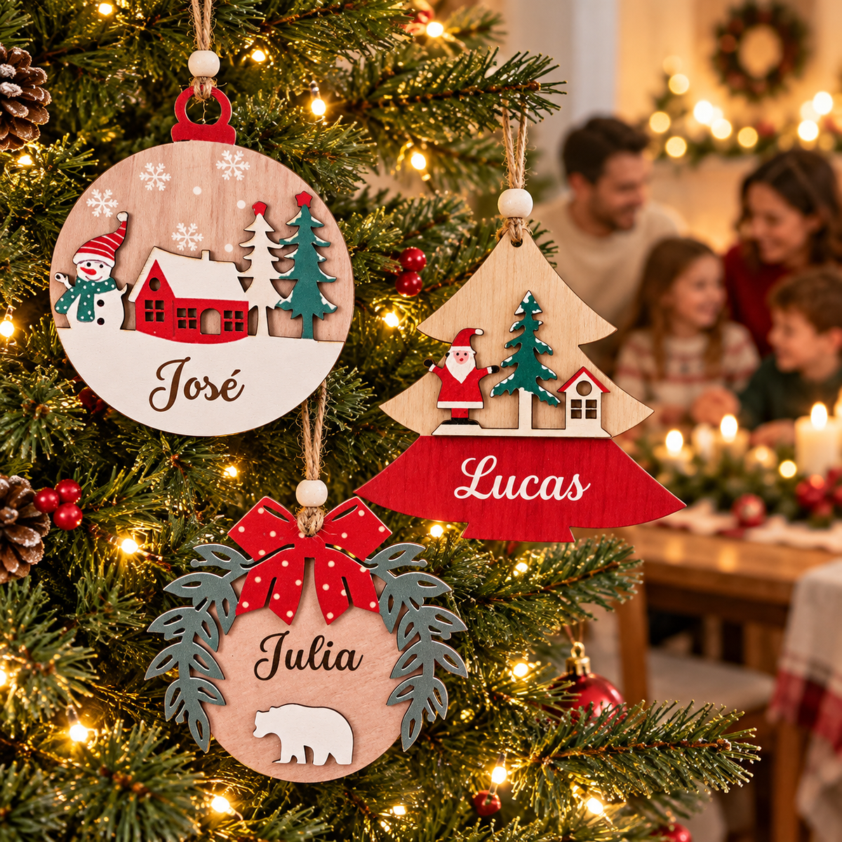 Pack 3 adornos Navidad personalizados en madera