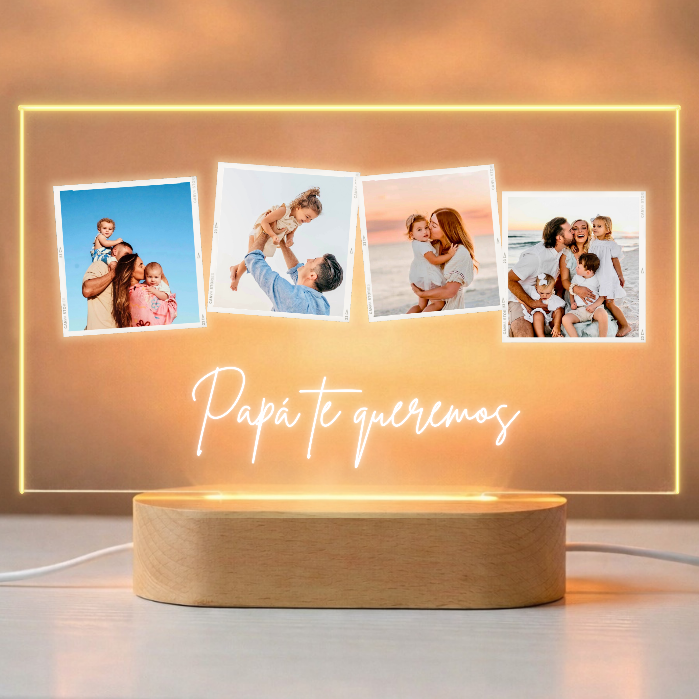 Luminária com 4 fotos e texto