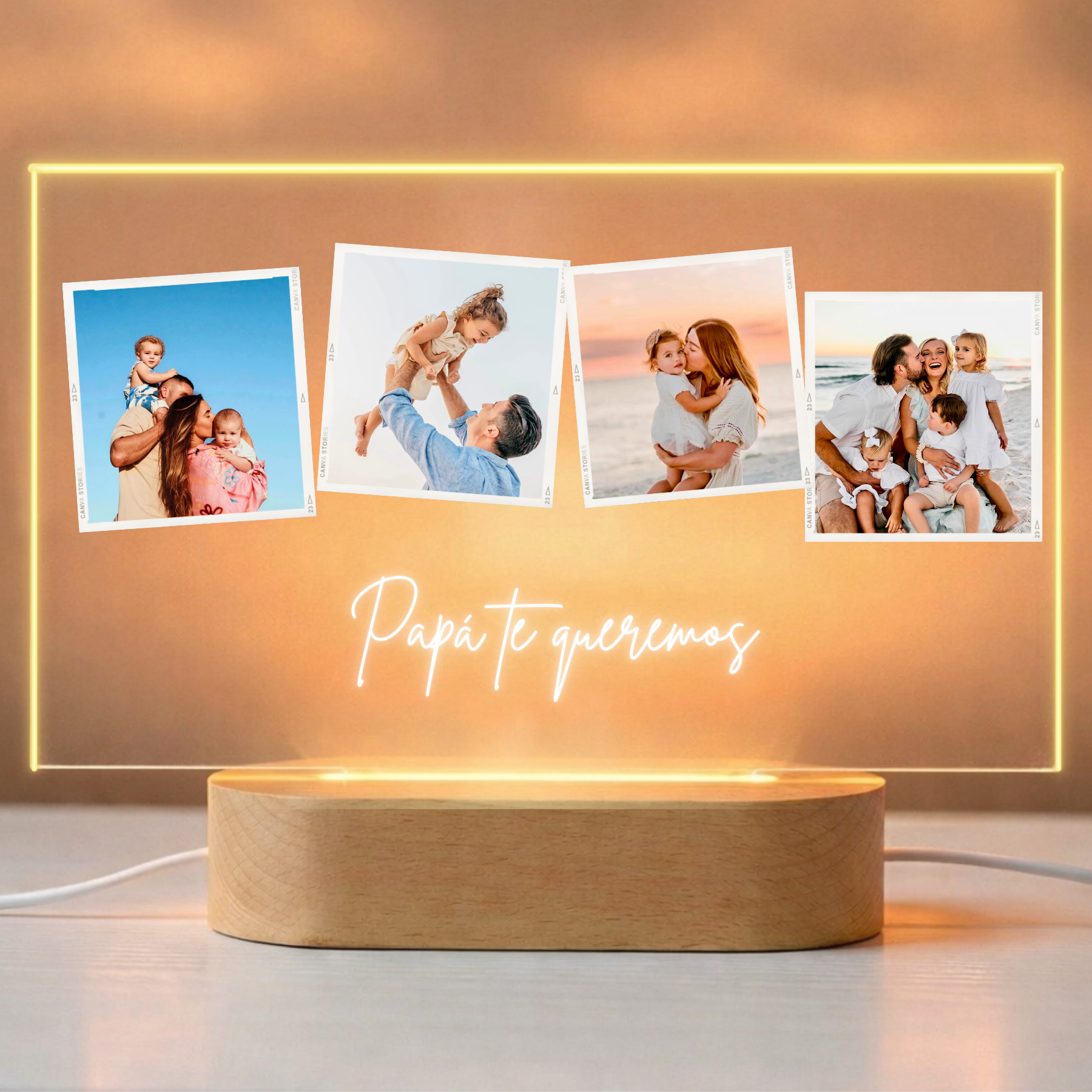 Lámpara con 4 fotos y texto día del Padre