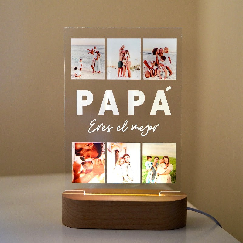 Lámpara con fotos y luz PAPÁ Y 6 Fotos | Regalo creativo y original| Idea de regalo personalizado | Regalo día del padre | Regalo PAPÁ | Crear placa | Placa PERSONALIZADA | Placa de cristal | Regalo Original y Especial | Metacrilato | Placas con tu diseño | Regalo original | Cristal Plaque