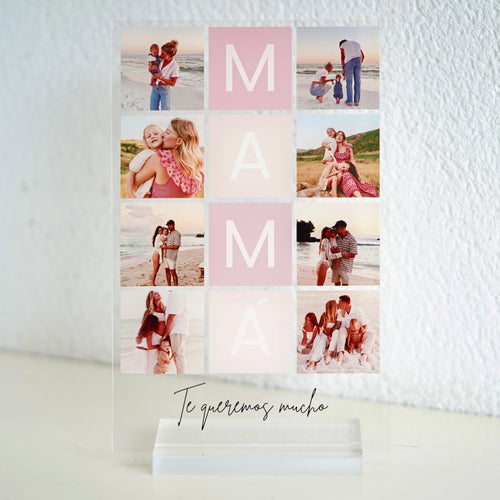 Placa regalo MAMÁ con decoración rosa y 8 fotos 
