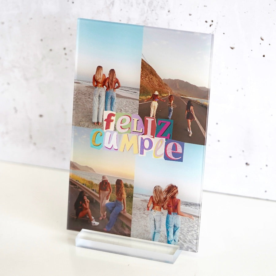 Placa de cumpleaños con soporte transparente con collage de 4 fotos y la frase 'FELIZ CUMPLE' en el centro. Personalizada y colorida, ideal como regalo para celebrar un cumpleaños especial Amigos y Amigas,  Pareja