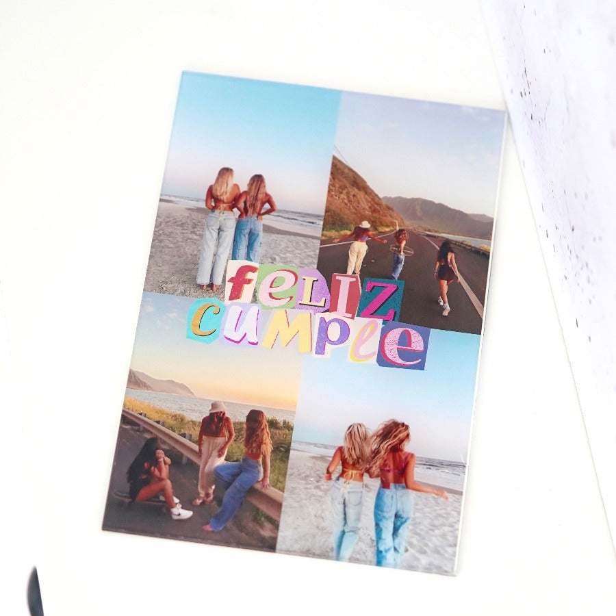 Placa vertical de cumpleaños con collage de 4 fotos y la frase 'FELIZ CUMPLE' en el centro. Personalizada y colorida, ideal como regalo para celebrar un cumpleaños especial Amigos y Amigas, Pareja