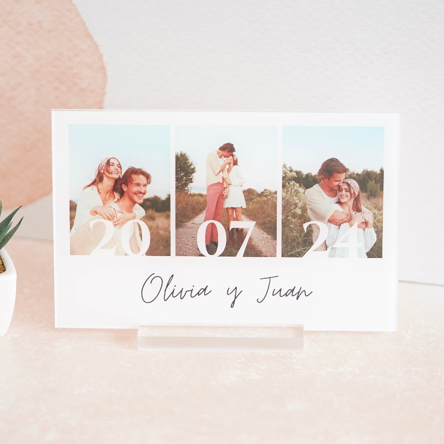 Placa personalizada de amor para parejas con tres fotos y espacio para nombres, Cristal Plaque, fotos y fecha | regalo aniversario