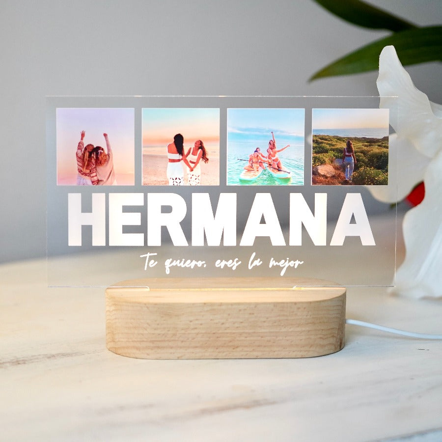 Un regalo perfecto para la Hermana, con 4 fotos y dedicatoria personalizable.