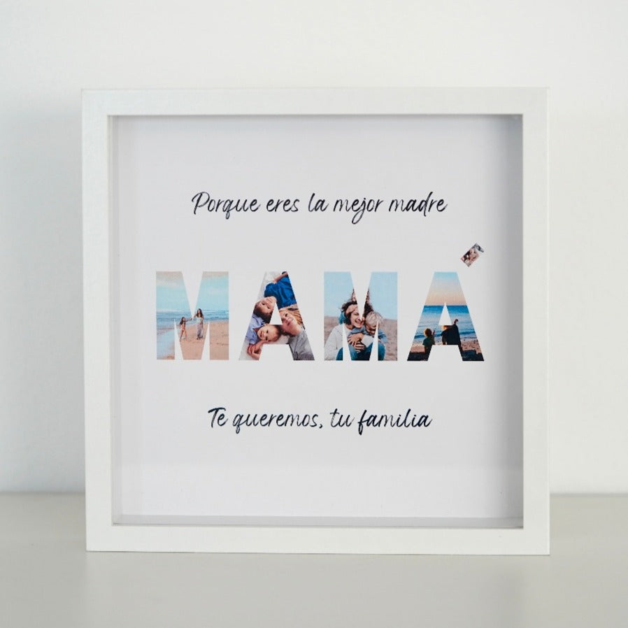 marco de madera blanco con la palabra mamá con fotos y una dedicatoria como regalo original para el día de la madre