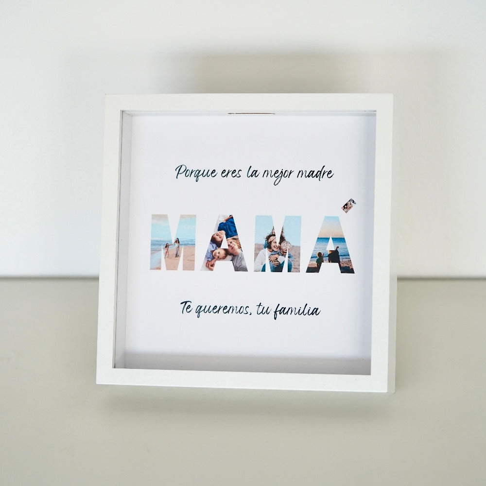 Marco con fotos con la palabra MAMÁ y dedicatoria personalizada