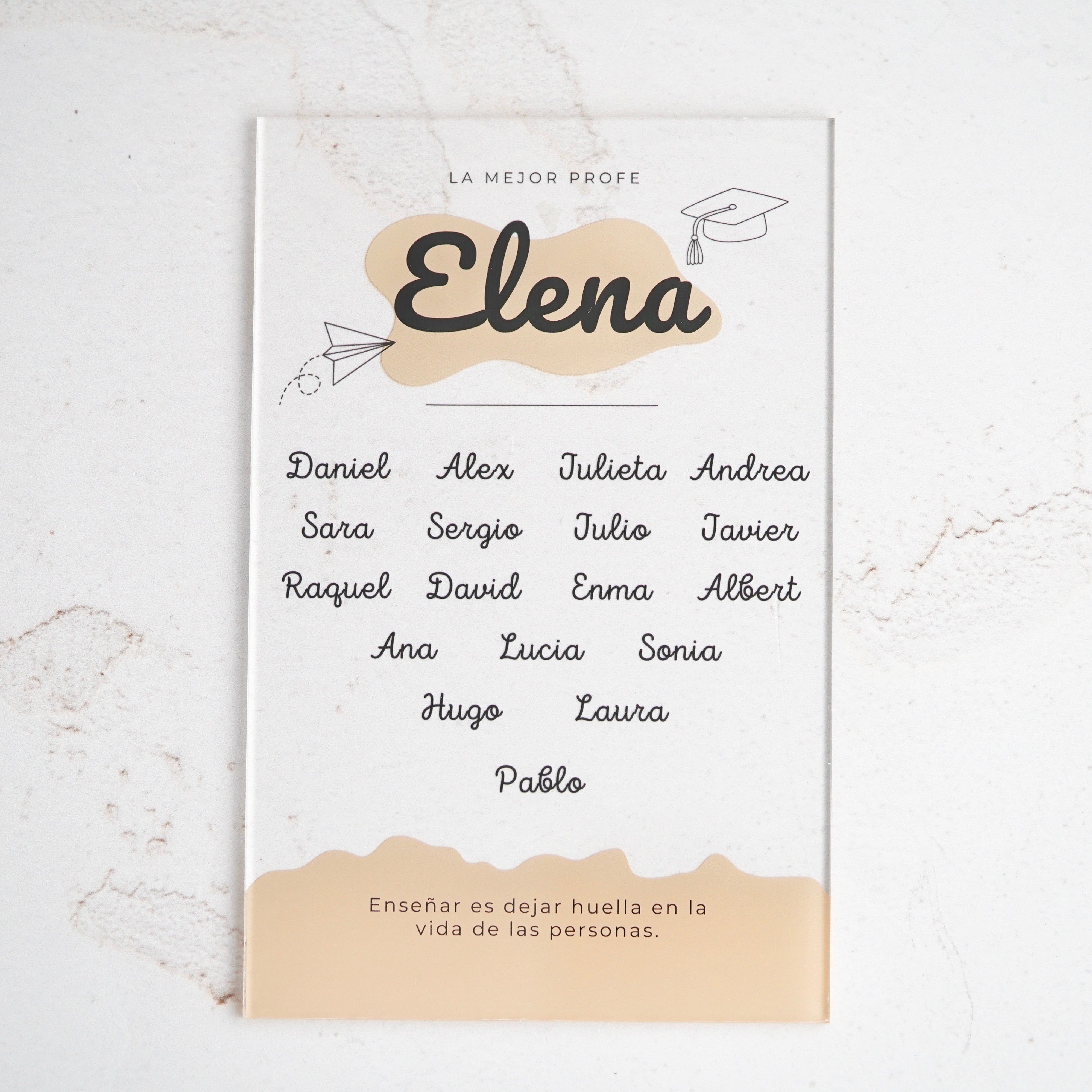 Placa como recuerdo para profesor con los nombres de los alumnos