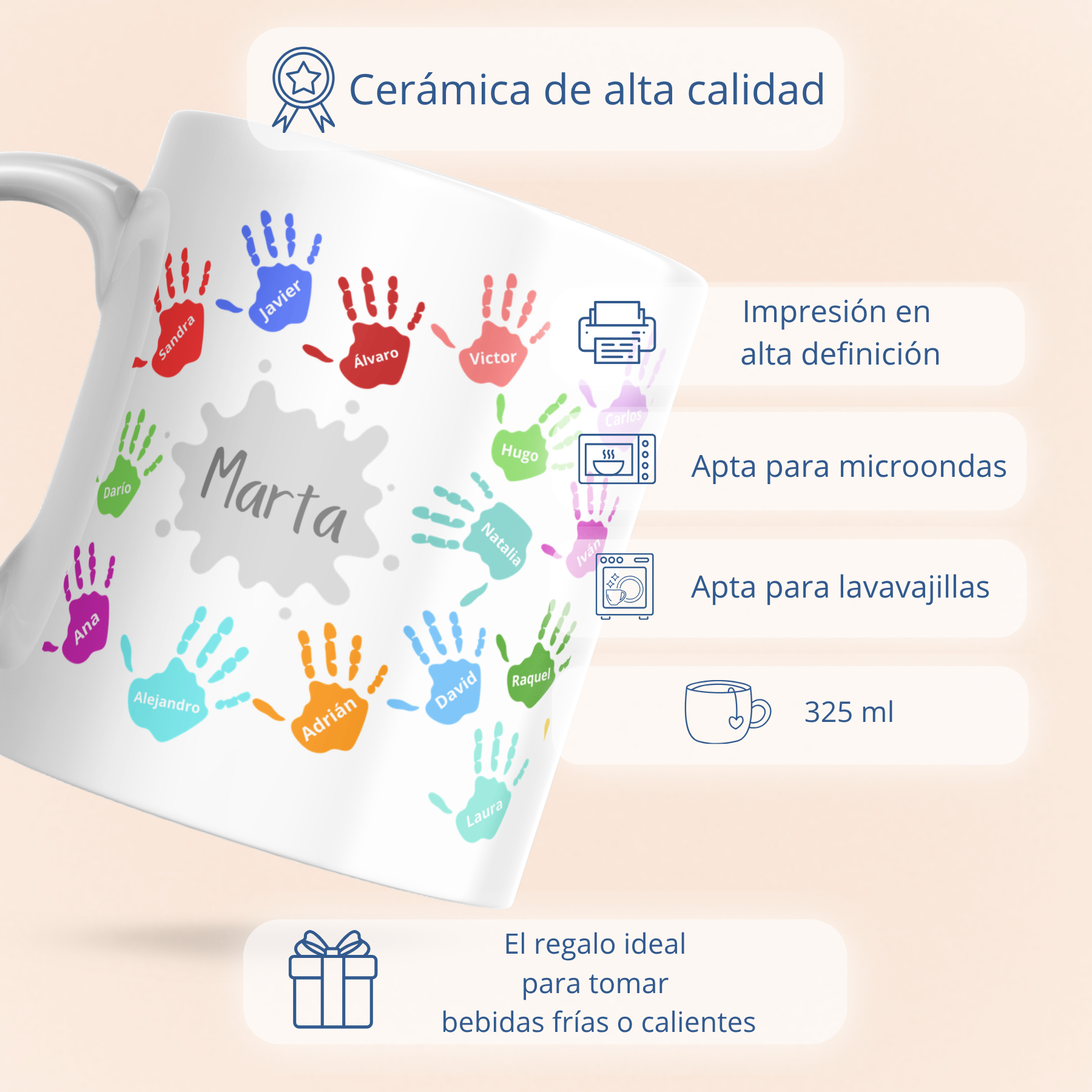 Taza Personalizada con Nombres y manos de colores