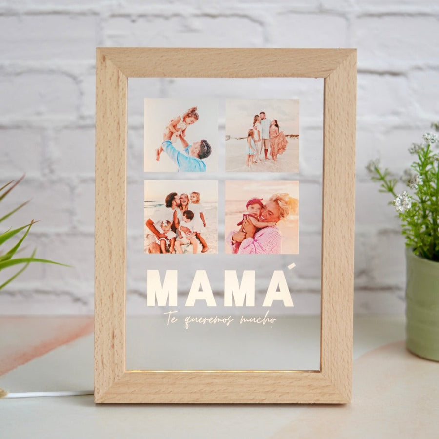 Marco con cuatro fotos y la palabra mamá como regalo del día de la madre