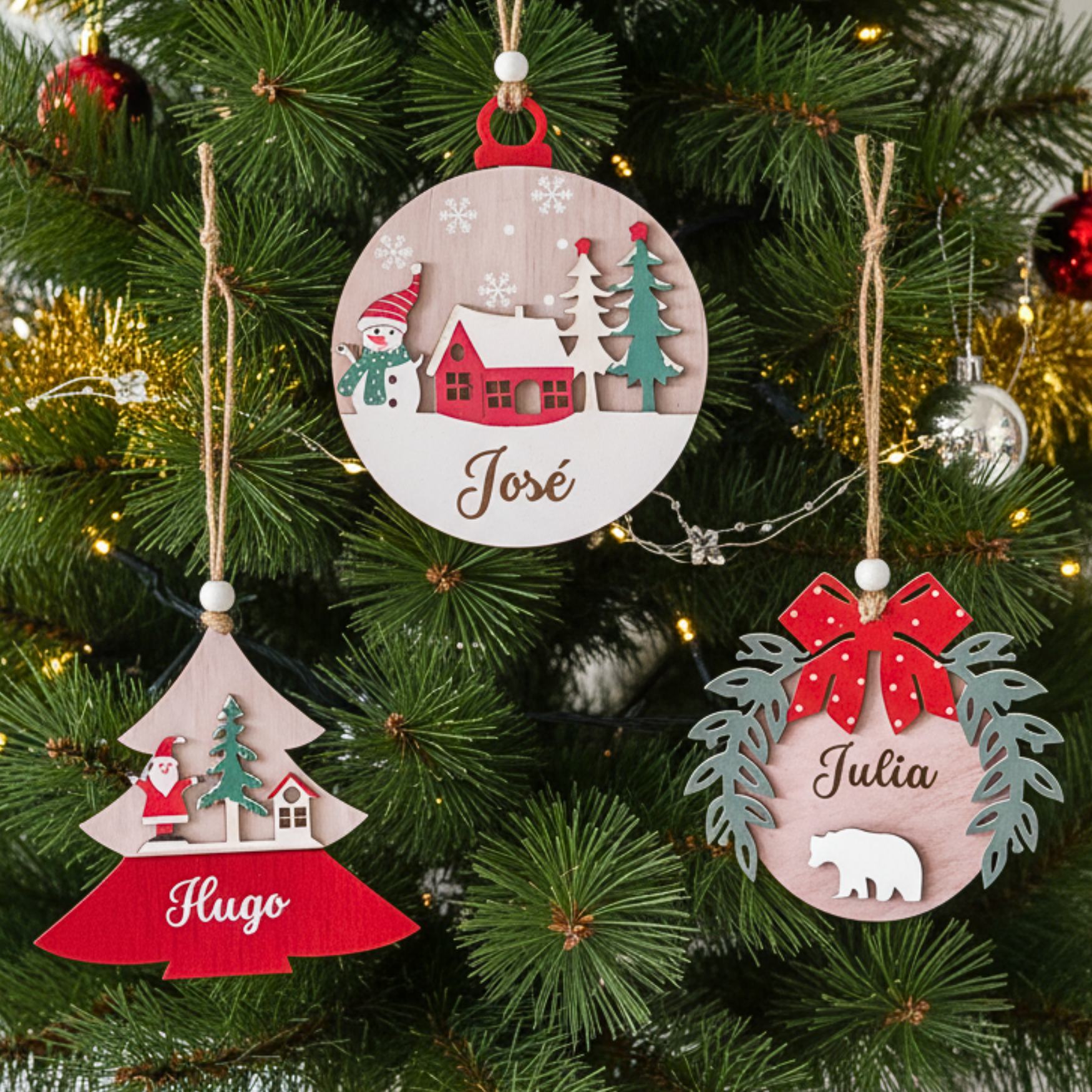 Pack 3 adornos Navidad personalizados en madera