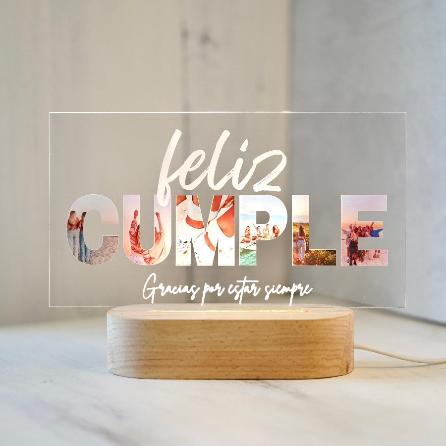 Lámpara con fotos para cumpleaños y mensaje con dedicatoria