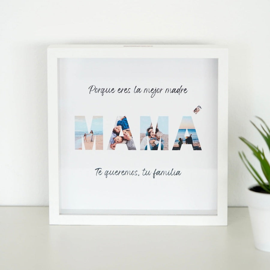 Regalo día de la madre marco personalizado con fotos en la palabra mamá.