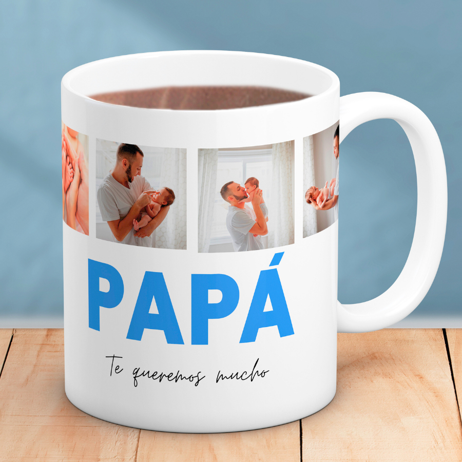 Taza "PAPÁ TE QUEREMOS MUCHO" con 4 fotos