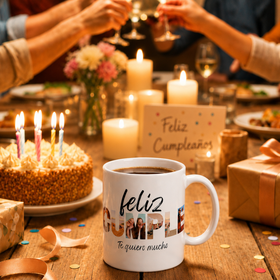 Frase de caneca "FELIZ ANIVERSÁRIO" com fotos