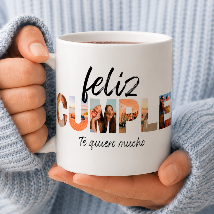 Taza frase "FELIZ CUMPLE" con fotos