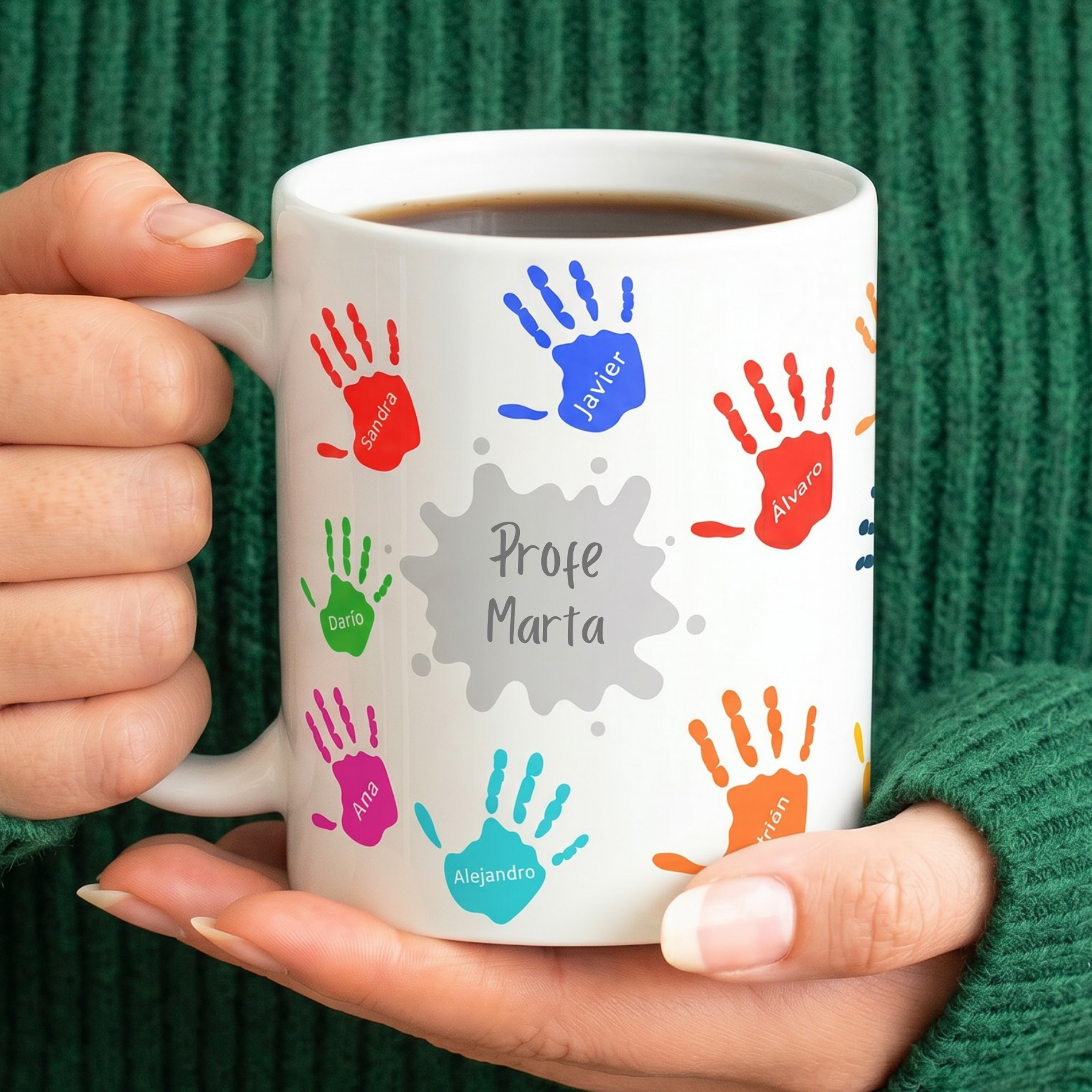 Taza Personalizada con Nombres y manos de colores