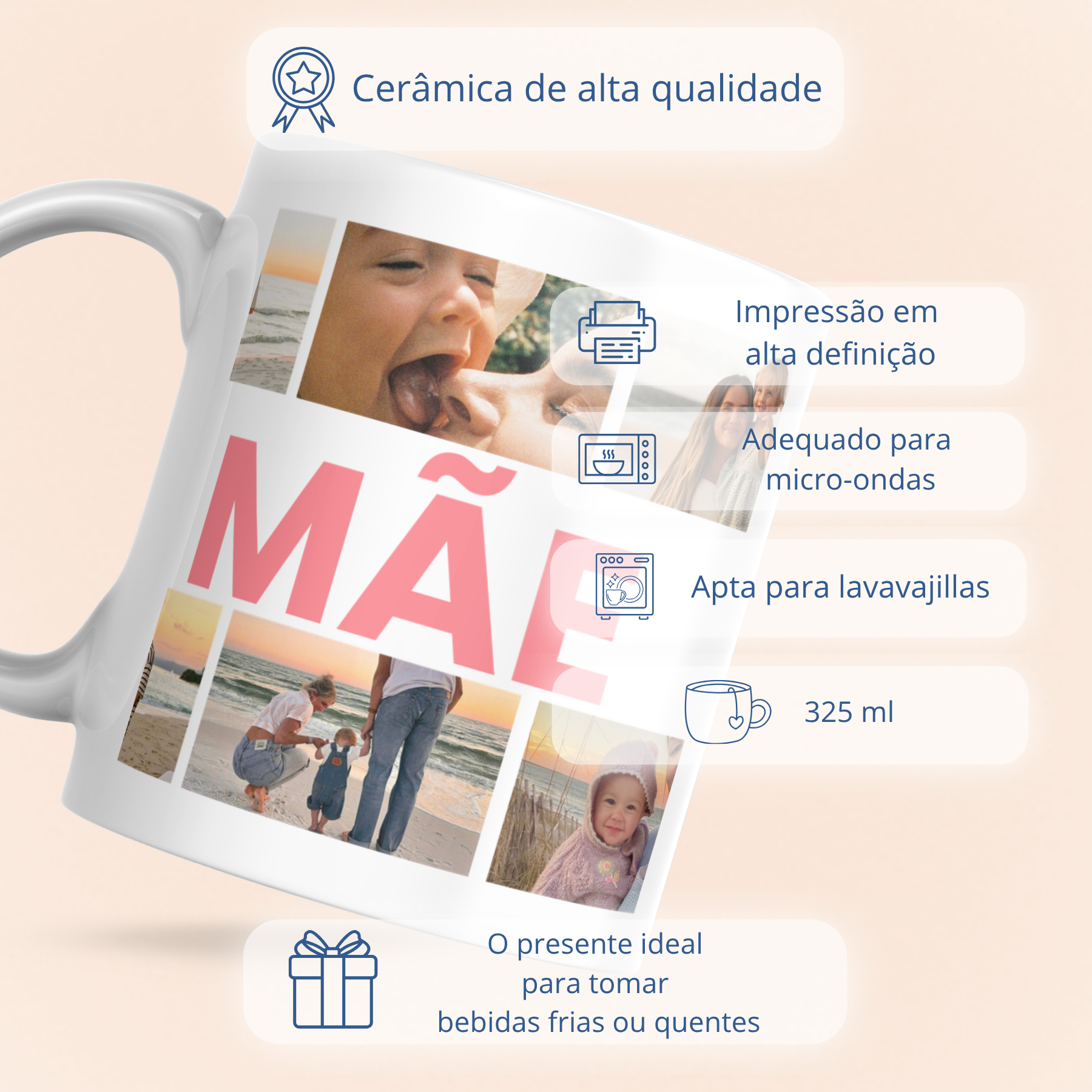 Colagem de caneca "MÃE" com 6 fotos