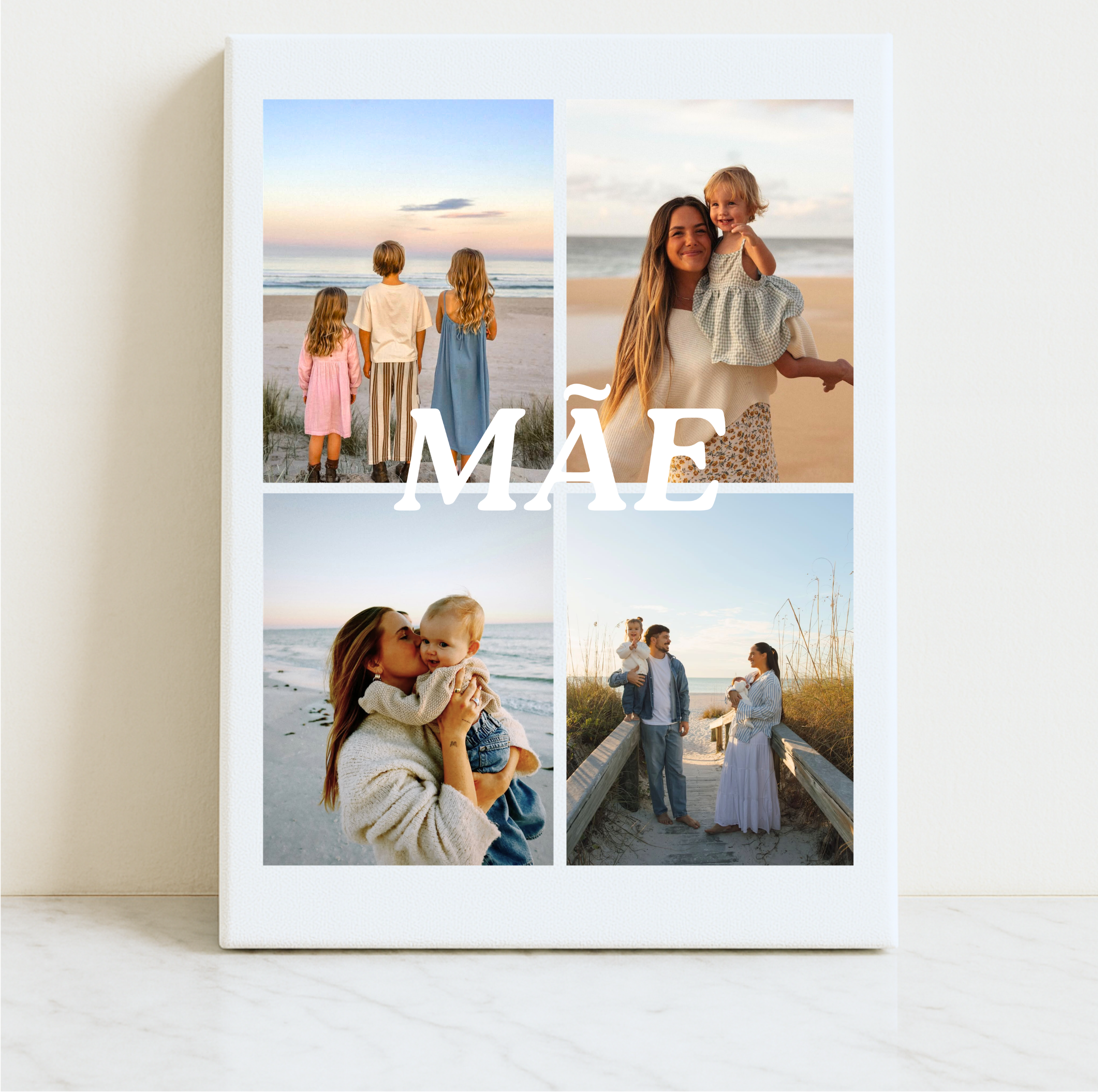 Tela personalizada para a mãe com 4 fotos e a inscrição «MÃE» no centro