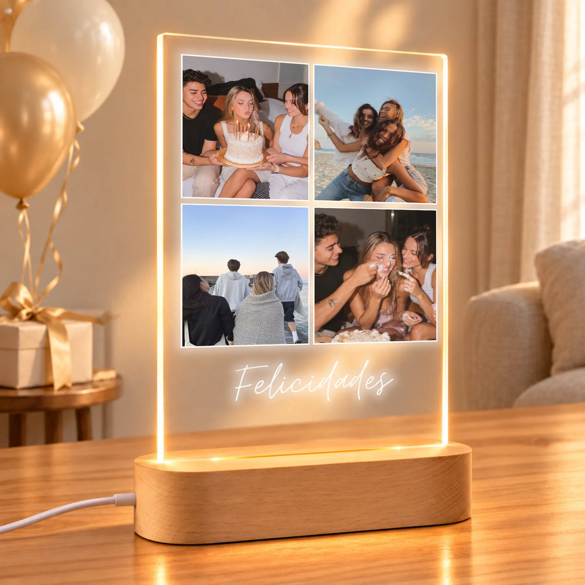Lámpara Personalizada Vertical con 4 Fotos y Dedicatoria para Cumpleaños