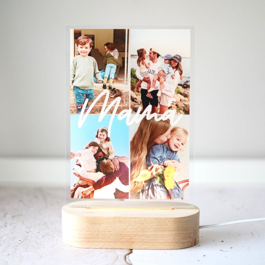 Placa de metacrilato iluminada personalizada para el Día de la Madre, con collage de fotos y diseño único. Dimensiones: 135x210x3 mm.