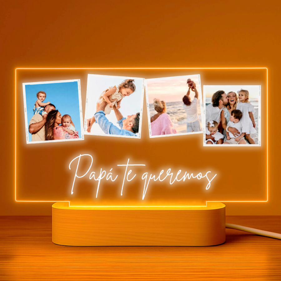 Lampara personalizada con 4 fotos y texto del Día del Padre sobre metacrilato permium