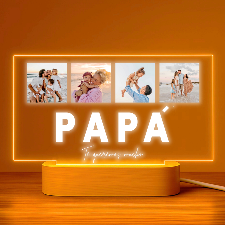 Lámpara personalizada PAPÁ con 4 fotos y texto sobre metacrilato premium