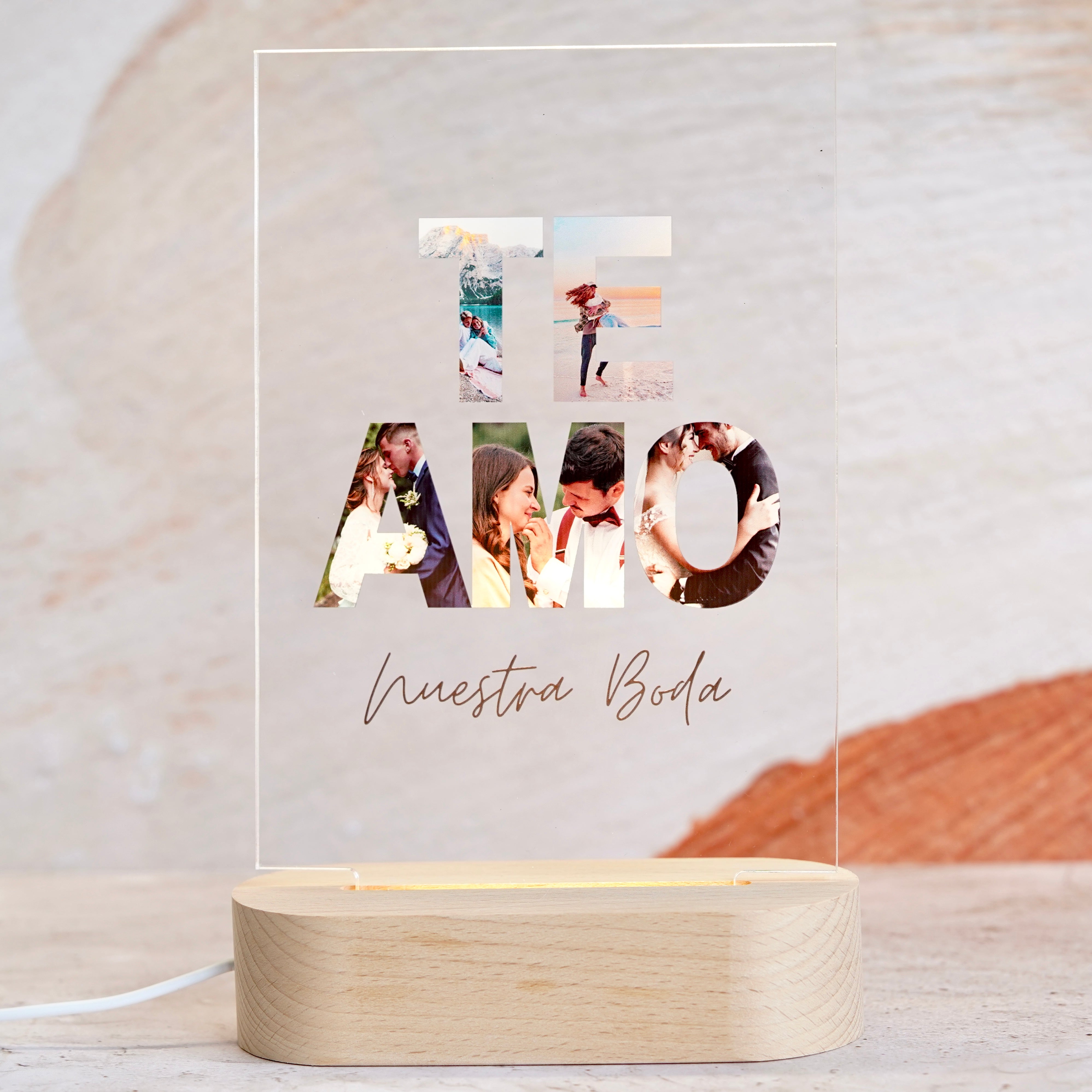 Collage de Fotos Personalizadas iluminadas en la Placa Te Amo