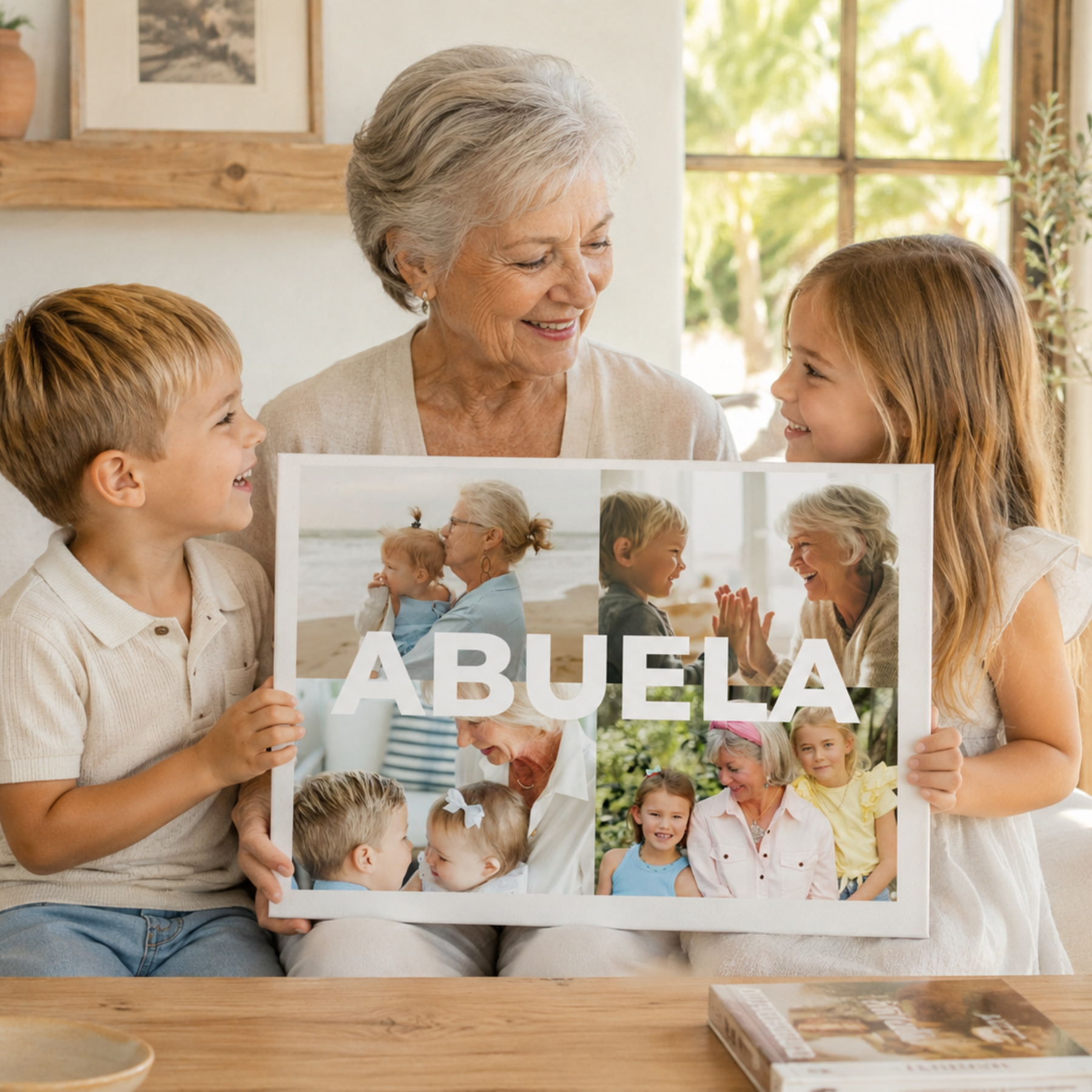 Lienzo Personalizado para Abuela con 4 Fotos y Texto Central