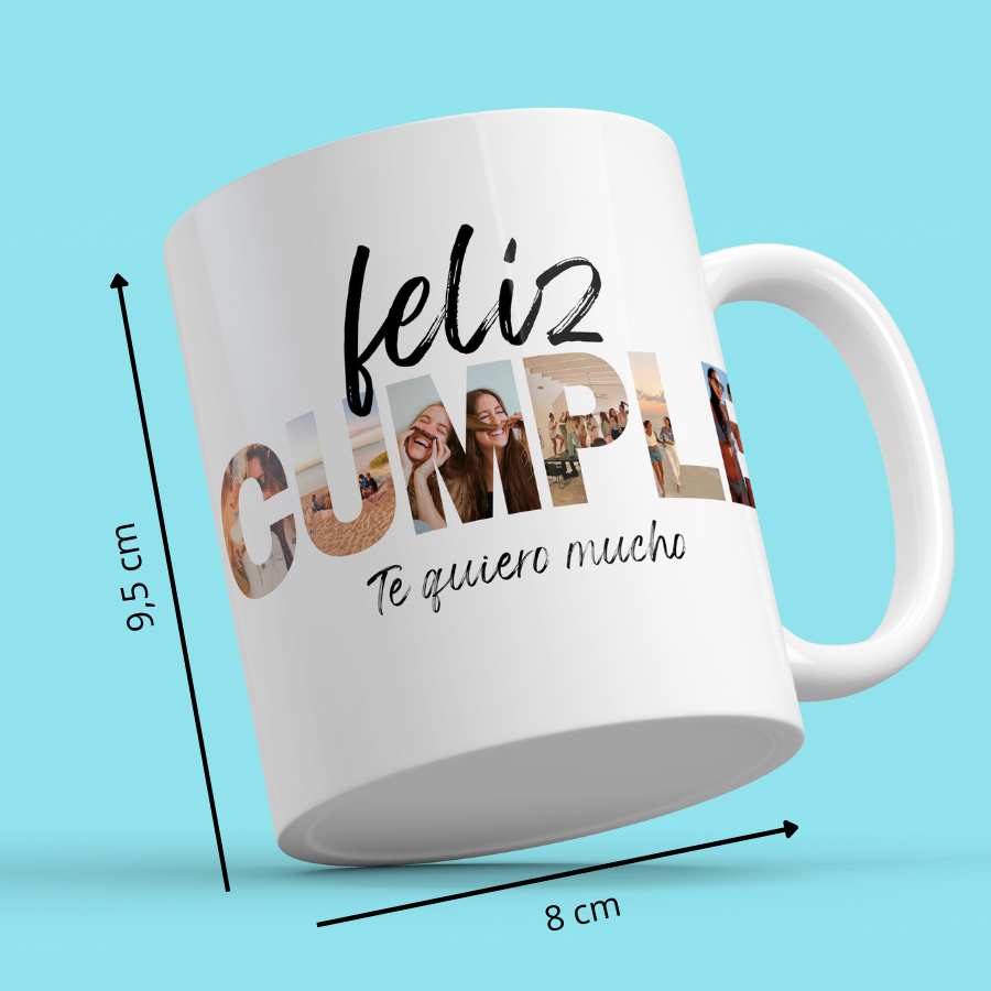 Frase de caneca "FELIZ ANIVERSÁRIO" com fotos