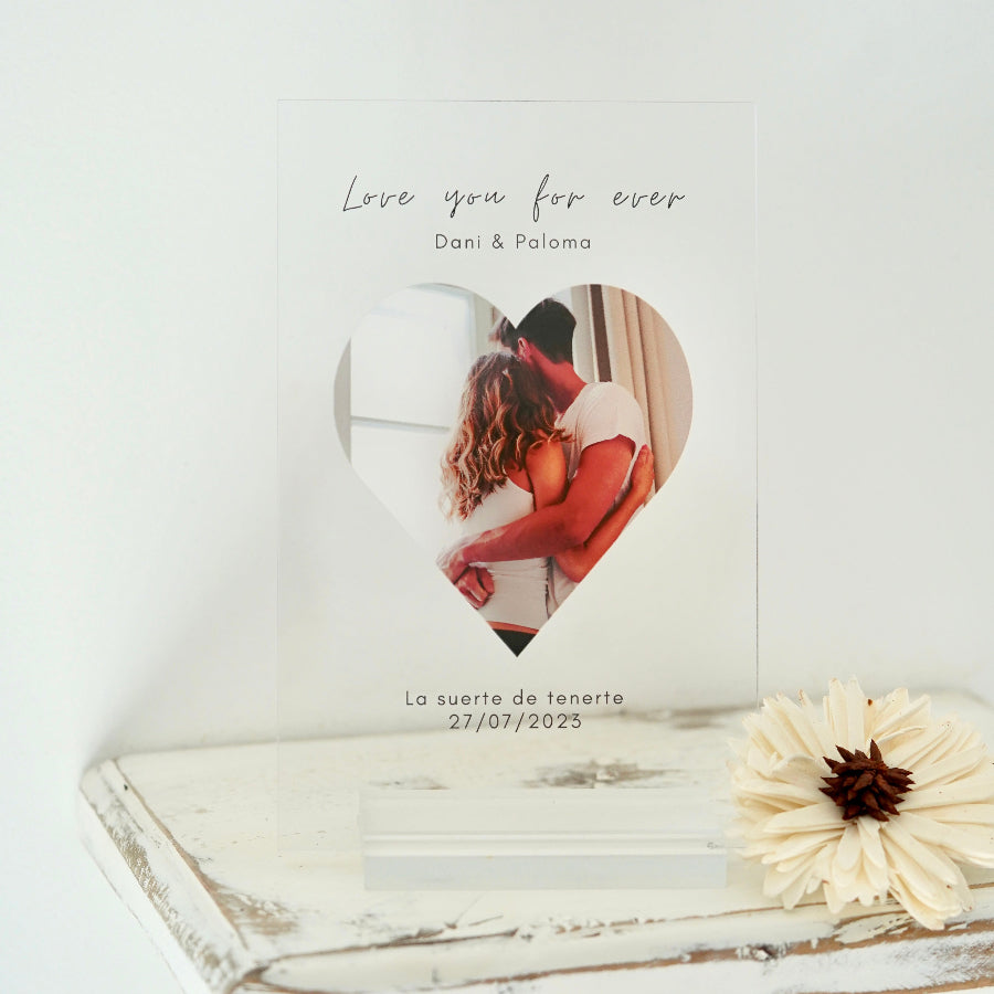 Placa de cristal personalizada con Corazón y foto | Cristal Plaque | regalos originales para novia | Regalo parejas | foto corazón y texto | Que regalar a mi madre| Regalos románticos