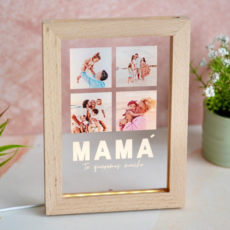 Lámpara marco con cuatro fotos especial como regalo para el día de la madre original y personalizado