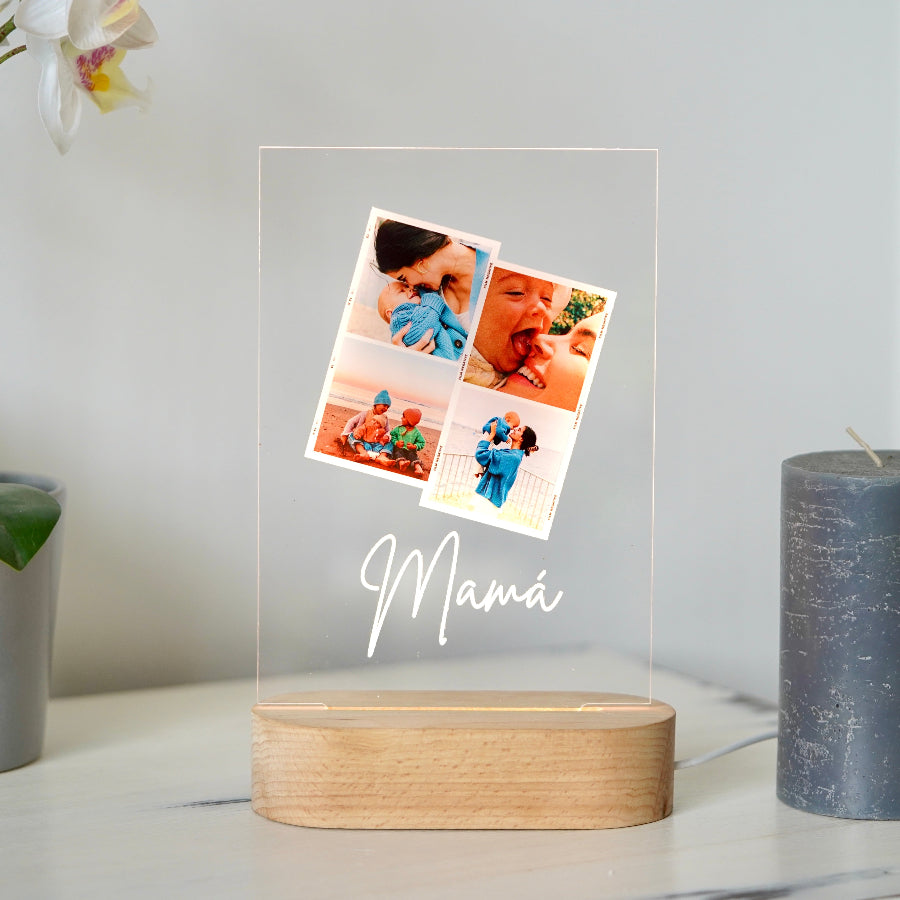 Nuestra Lámpara con base de luz Mamá es un regalo elegante y emotivo.
Con espacio para cuatro fotos y texto esta lámpara es perfecta como regalo, para el día de la madre, navidad o cumpleaños.
