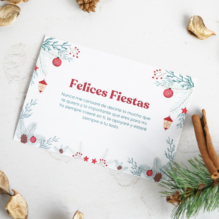 Un añadido perfecto para estas Navidades, en el cual se le quiere incluir unas frases emotivas. Se puede agregar a cualquier pedido. 