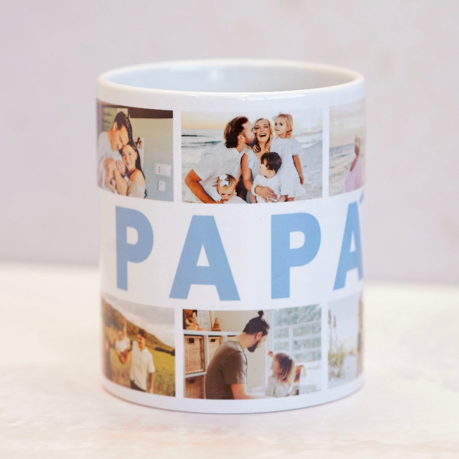 Taza personalizada con 6 fotos horizontales, con el texto PAPÁ entre las fotos y centro.