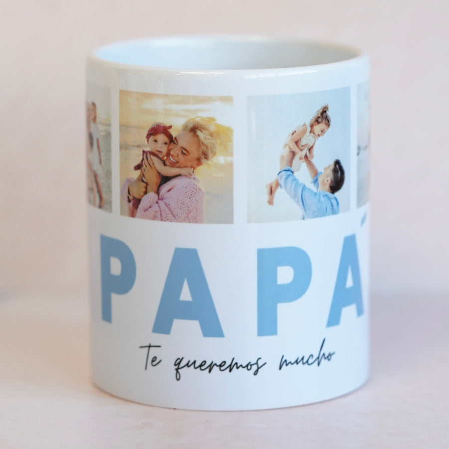Taza de cerámica fondo blanco, personalizada con 4 fotos y mensaje personalizado debajo del teto PAPÁ.