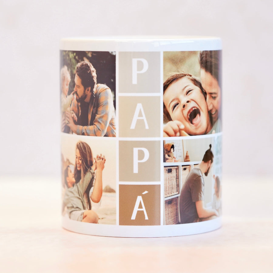 Taza personalizada con 4 fotos mas emotivas con papá, el detalle retro en la taza es una maravilla.
¡¡Disfruta café, disfruta momentos Papá!!