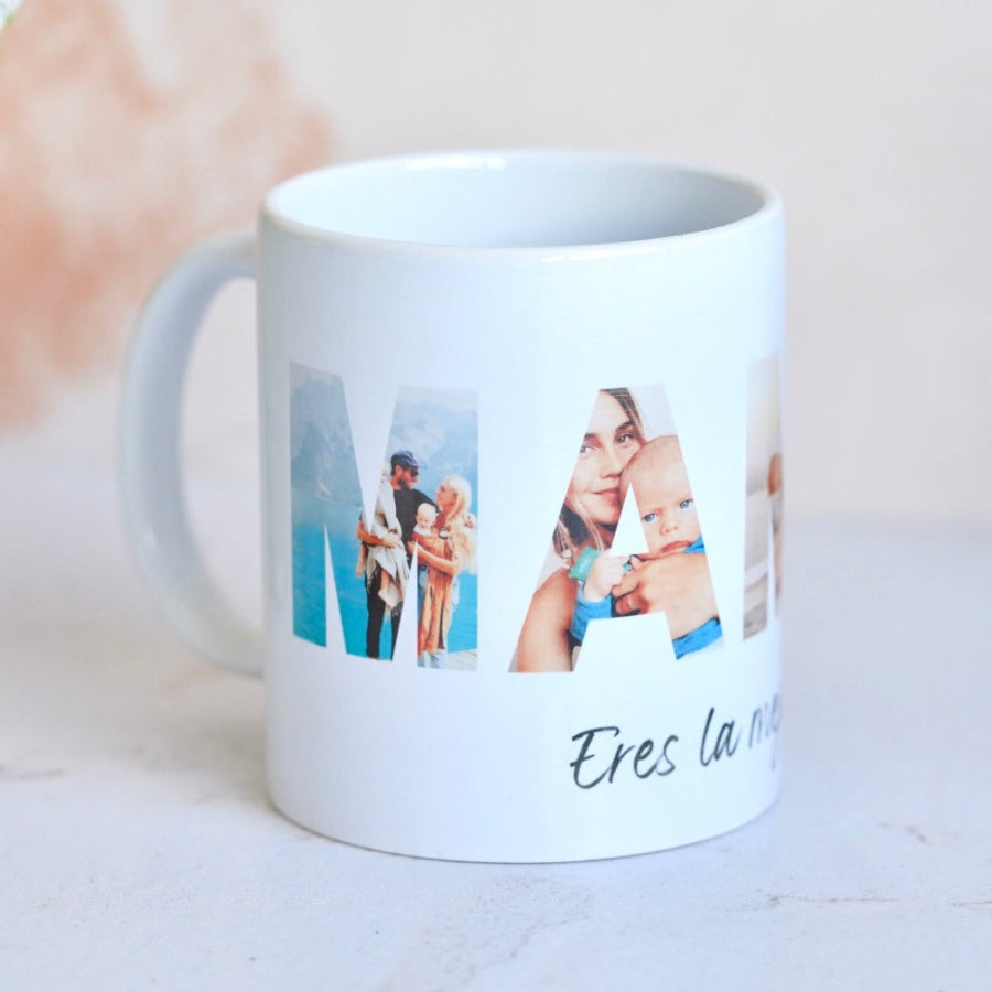 Taza con la palabra mamá con fotos idea de regalo personalizado