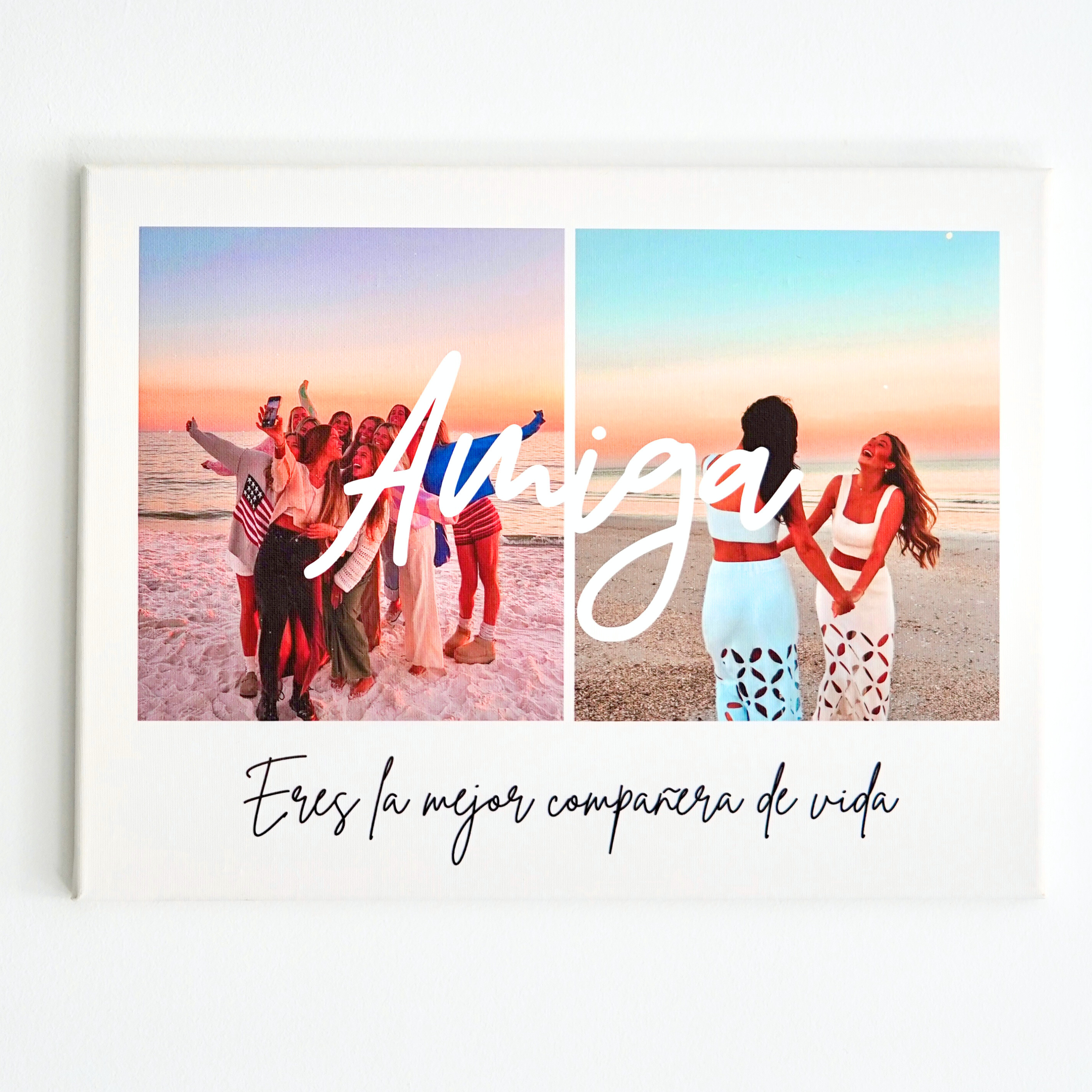 Lienzo 2 fotos con texto en centro y dedicatoria