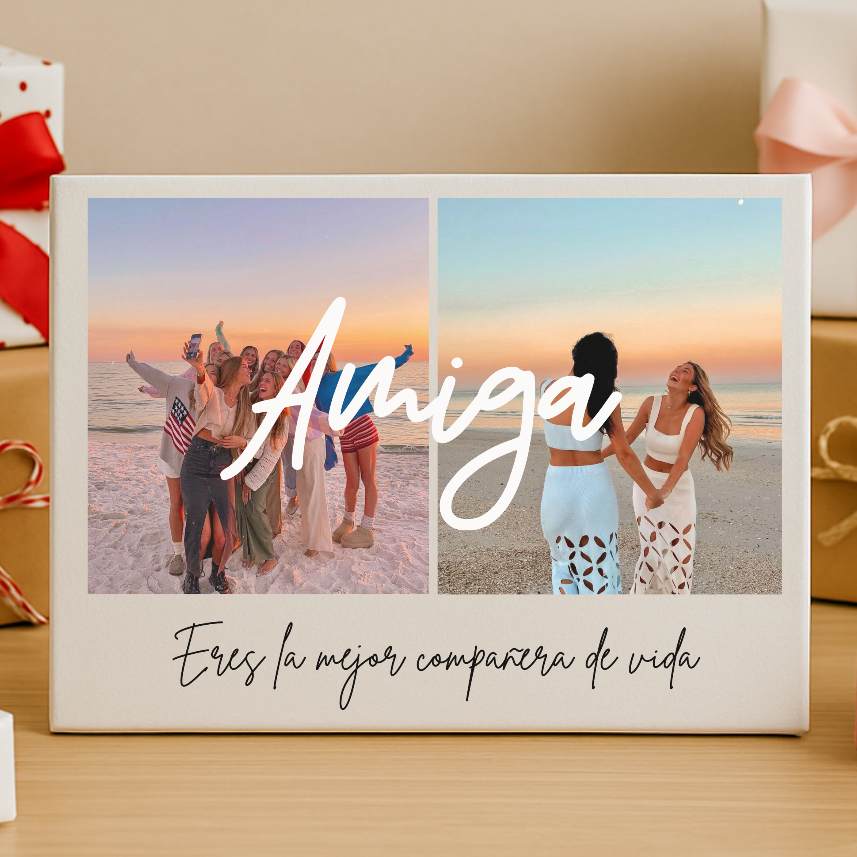 Lienzo 2 fotos con texto en centro y dedicatoria