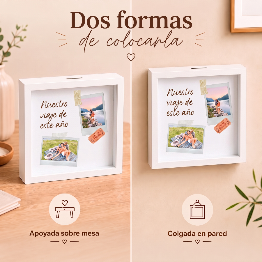 Hucha con dos fotos personalizadas de pareja y diseño Nuestro viaje de este año