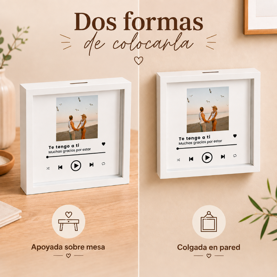 Hucha con foto personalizada y diseño musical con canción y dedicatoria para pareja