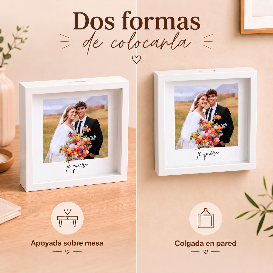 Hucha personalizada Te quiero con foto, ranura para monedas y estructura de madera