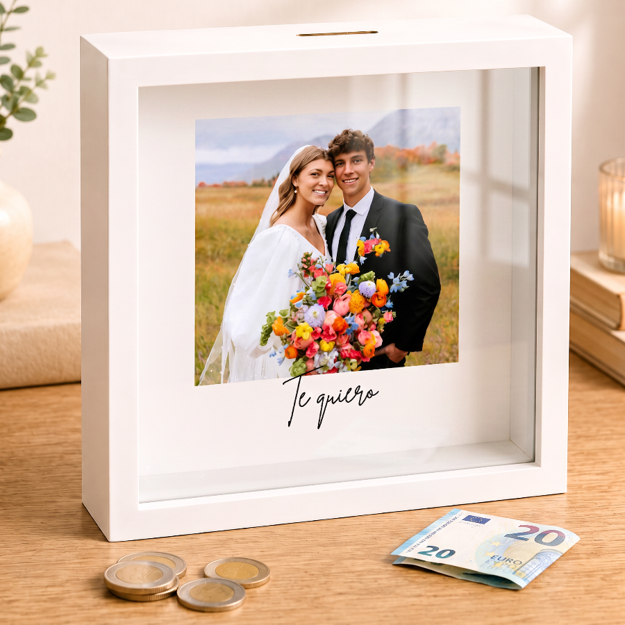 Hucha personalizada con foto y mensaje Te quiero, regalo original para pareja