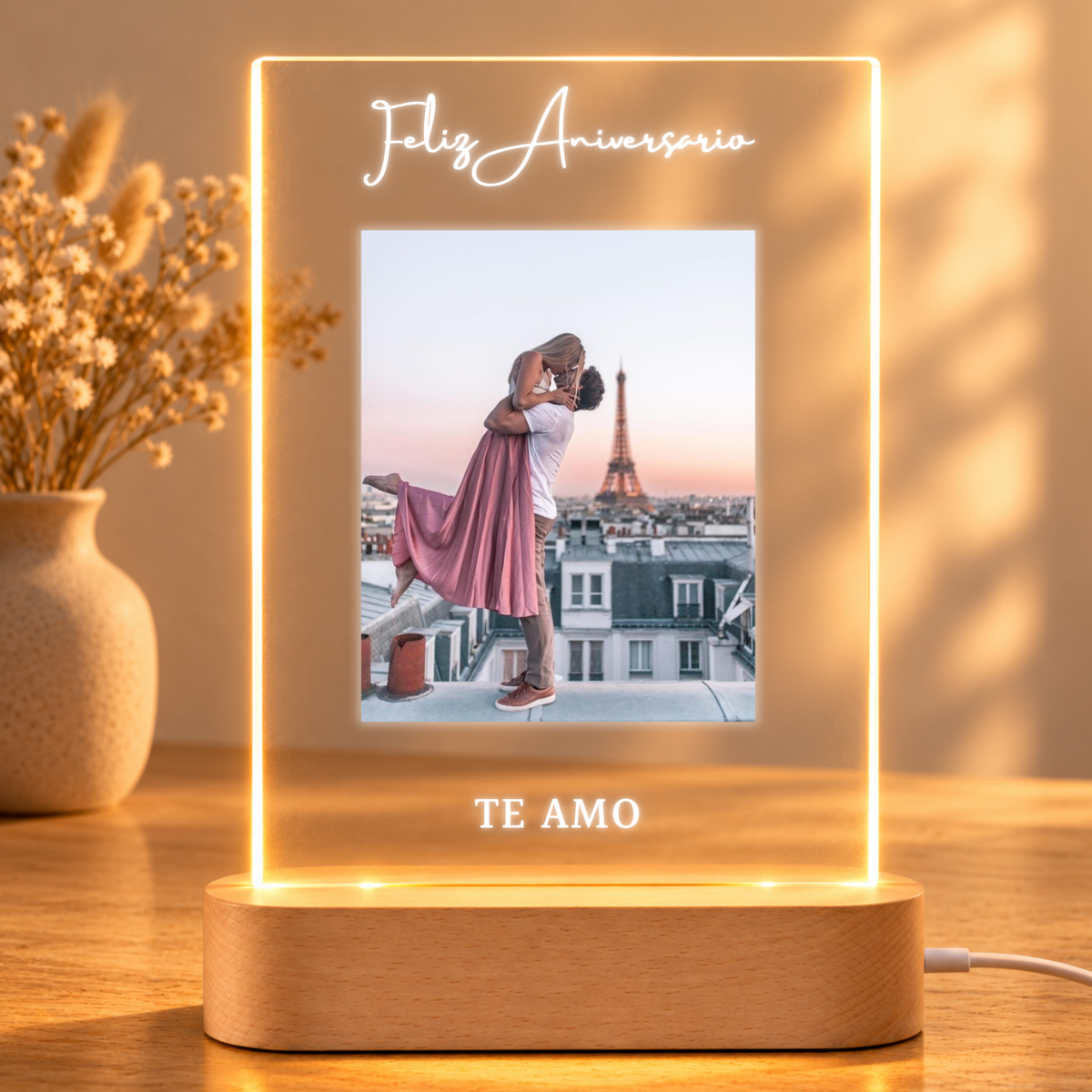 Lâmpada com foto e texto com moldura de luz