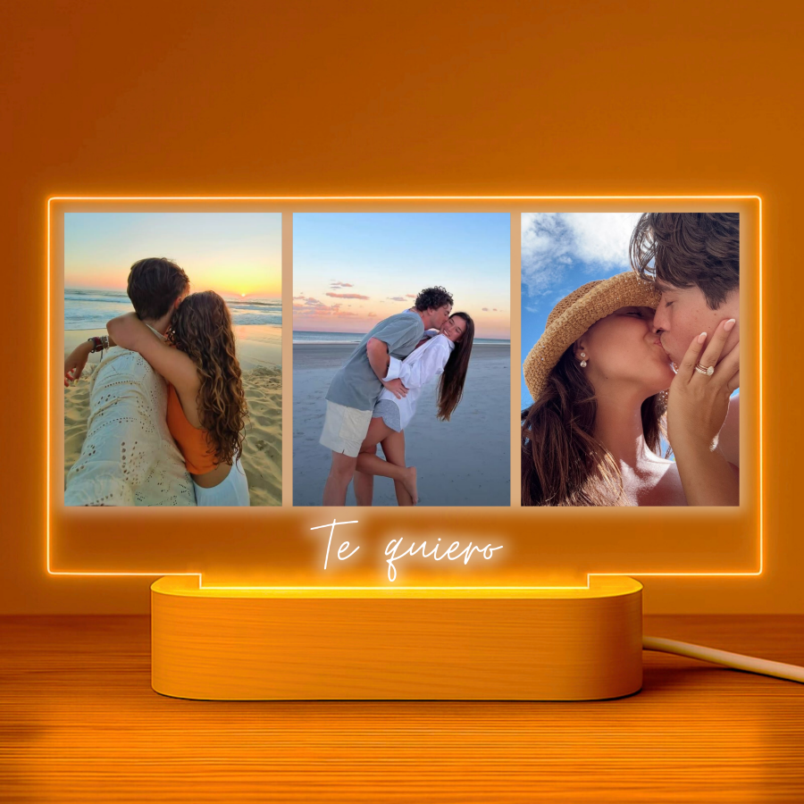 Lámpara personalizada con 3 fotos y dedicatoria sobre metacrilato premium
