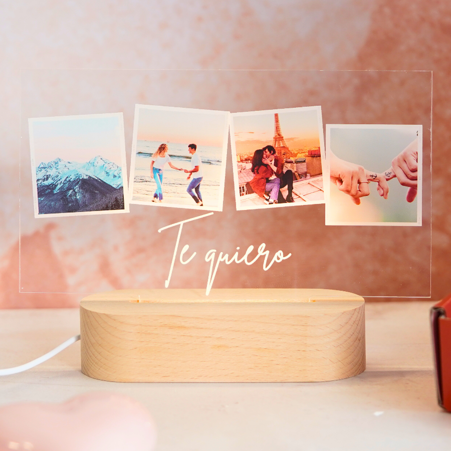 Lámpara personalizada con 4 fotos y texto sobre metacrilato premium