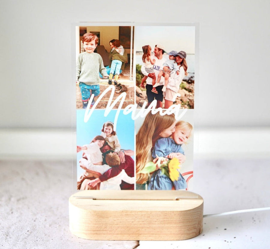 Lámpara para mamá personalizada con cuatro fotos familiares y base de luz de madera