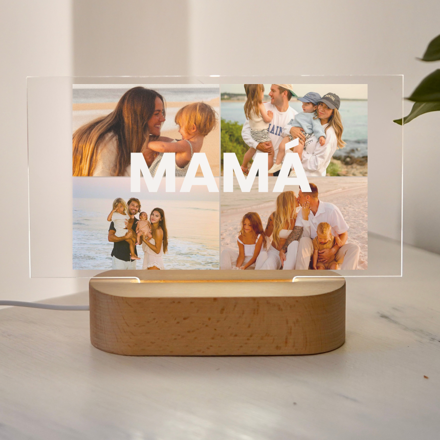Lámpara para mamá con cuatro fotos familiares y la palabra MAMÁ sobre base de madera